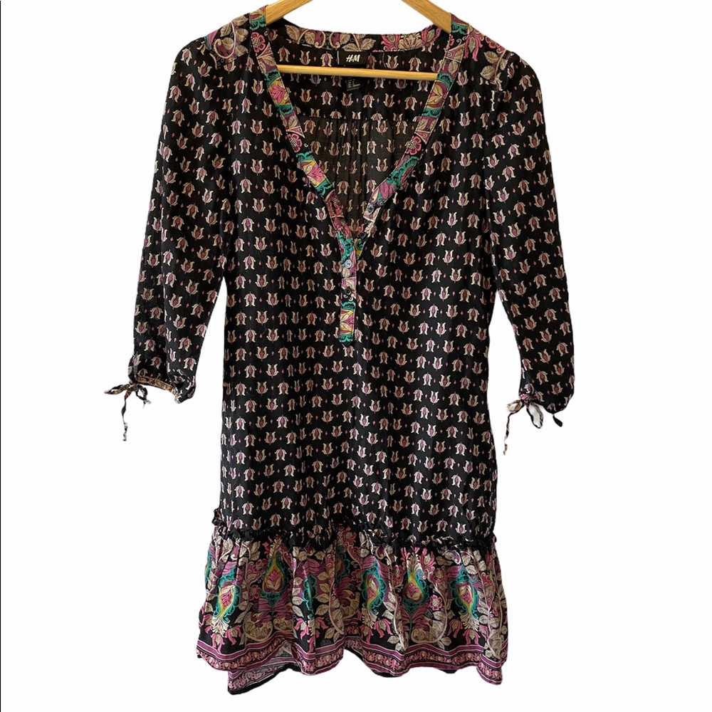 NWOT H&M Black Floral Cotton Boho Mini Dress 6